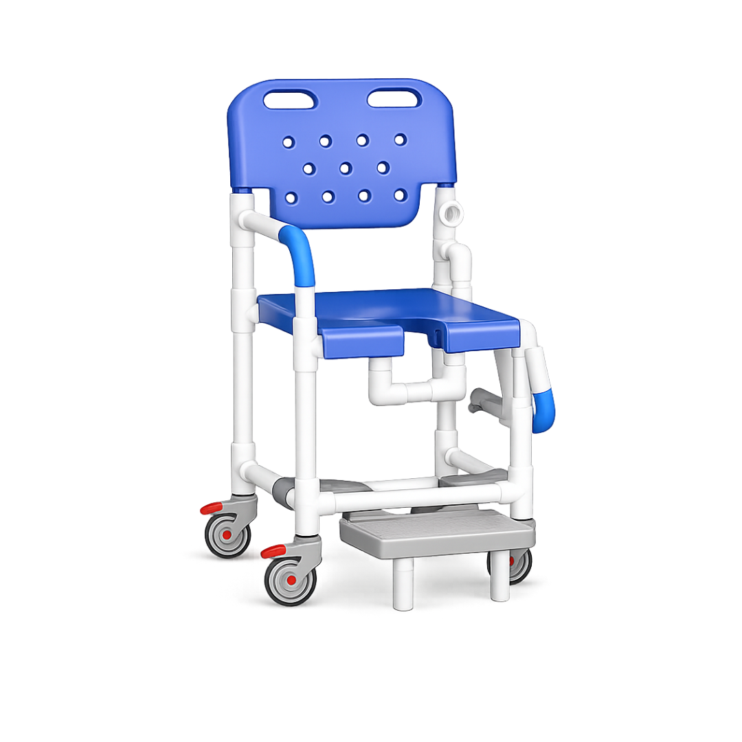 The IPU Platinum PVC Shower Chair with Drop Arm & Slideout Footrest is a blue and white blow-molded chair with a backrest, armrests, open-front seat, four wheels (two with red locks), and adjustable support for user convenience.